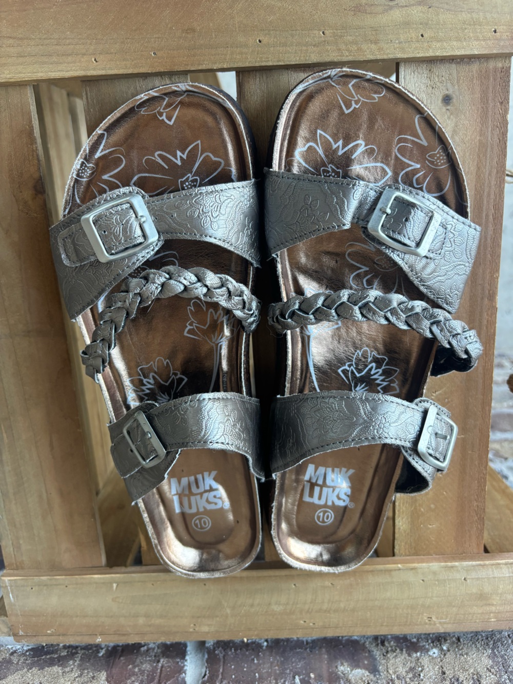 Muk Luks Women’s Metallic Silver Braided Strap Sandals with Buckles